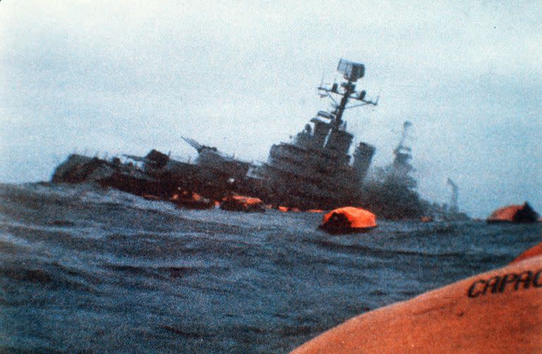 ** FILE ** The Argentinian cruiser General Belgrano sinks amid orange life rafts holding survivors in the South Atlantic Ocean, after being torpedoed by the British Royal Navy in this May 1, 1982 file photo.  April 2 marks the 25th anniversary of the beginning of the war between Argentina and Great Britain over the possession of the islands, known as Malvinas by Argentines. The 10-week war  killed 712 Argentines, 255 Britons and three islanders. (AP Photo/ File)