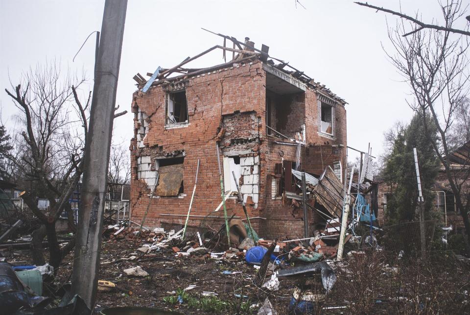 This photo posted by Cukr magazine on April 19, 2022 shows the wreckage of a home after shelling in the town of Klymentove, Sumy, Ukraine. (Cukr via AP)