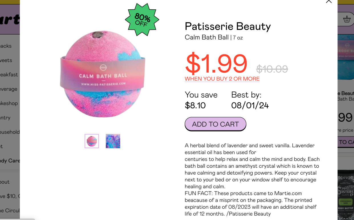 screen shot of Patisserie Beauty Calm Bath Ball on Martie site