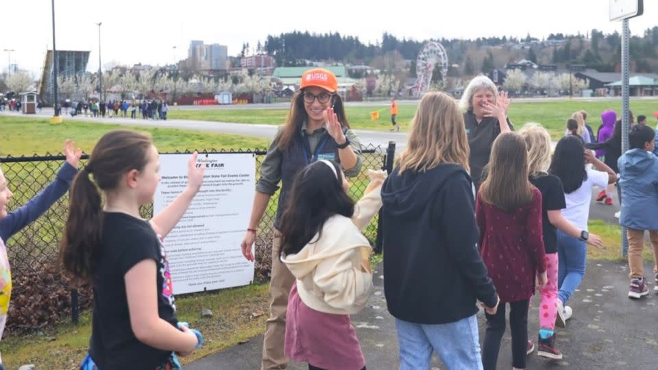 During a March exercise, students hike to the Washington State Fairgrounds in Puyallup to practice evacuating a lahar that could be generated by Mount Rainier.  - US Geological Survey Cascades Volcano Observatory