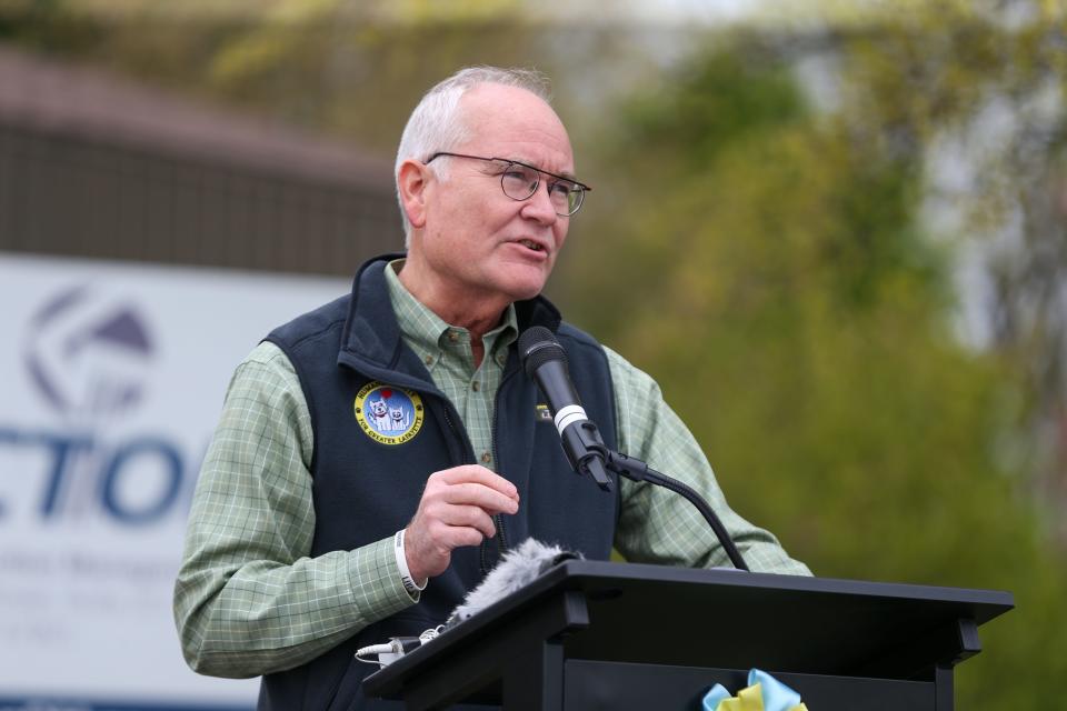 Tom Murtaugh, Tippecanoe County Commissioner, speaks at the groundbreaking ceremony of Tippecanoe County’s newest animal shelter, Humane Society for Greater Lafayette, on Tuesday, May 2, 2023, in Lafayette, Ind.