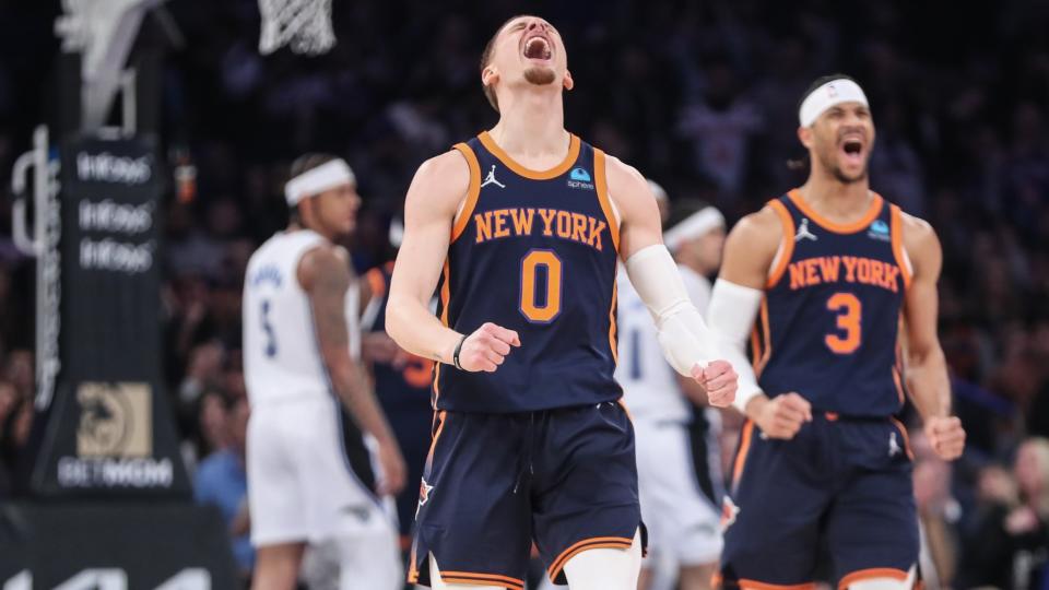 Mar 8, 2024; New York, New York, USA; New York Knicks guard Donte DiVincenzo (0) celebrates in the first quarter against the Orlando Magic at Madison Square Garden.