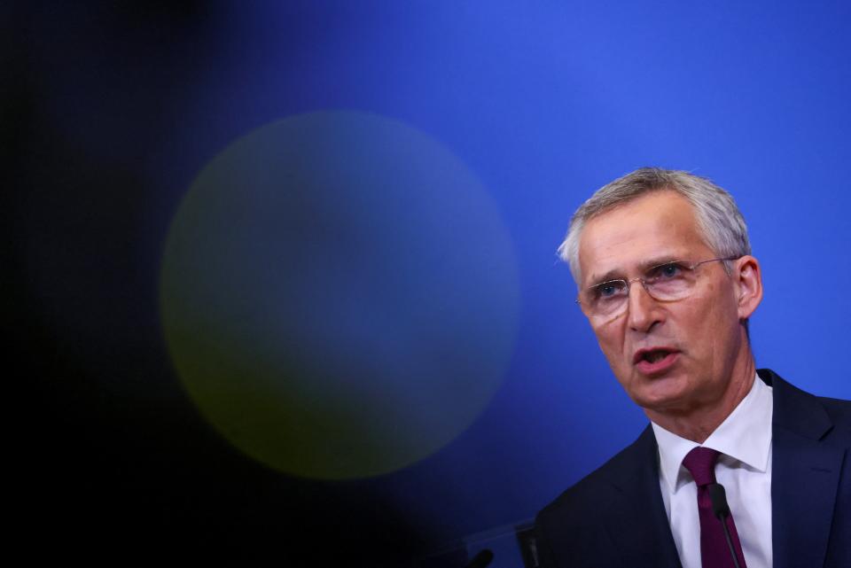 NATO Secretary-General Jens Stoltenberg holds a press conference at the Alliance's headquarters in Brussels, 6 July 2023 (REUTERS)