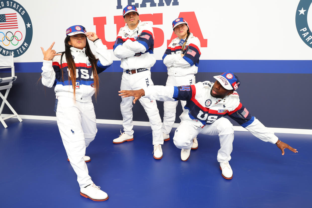 PARIS, FRANCE - JULY 21: Victor Montalvo, Grace Choi, Jeffrey Louis and Logan Edra try on clothes during Team USA Welcome Experience ahead of Paris 2024 Summer Olympics at Polo Ralph Lauren on July 21, 2024 in Paris, France.  (Photo by Joe Scarnici/Getty Images for USOPC)