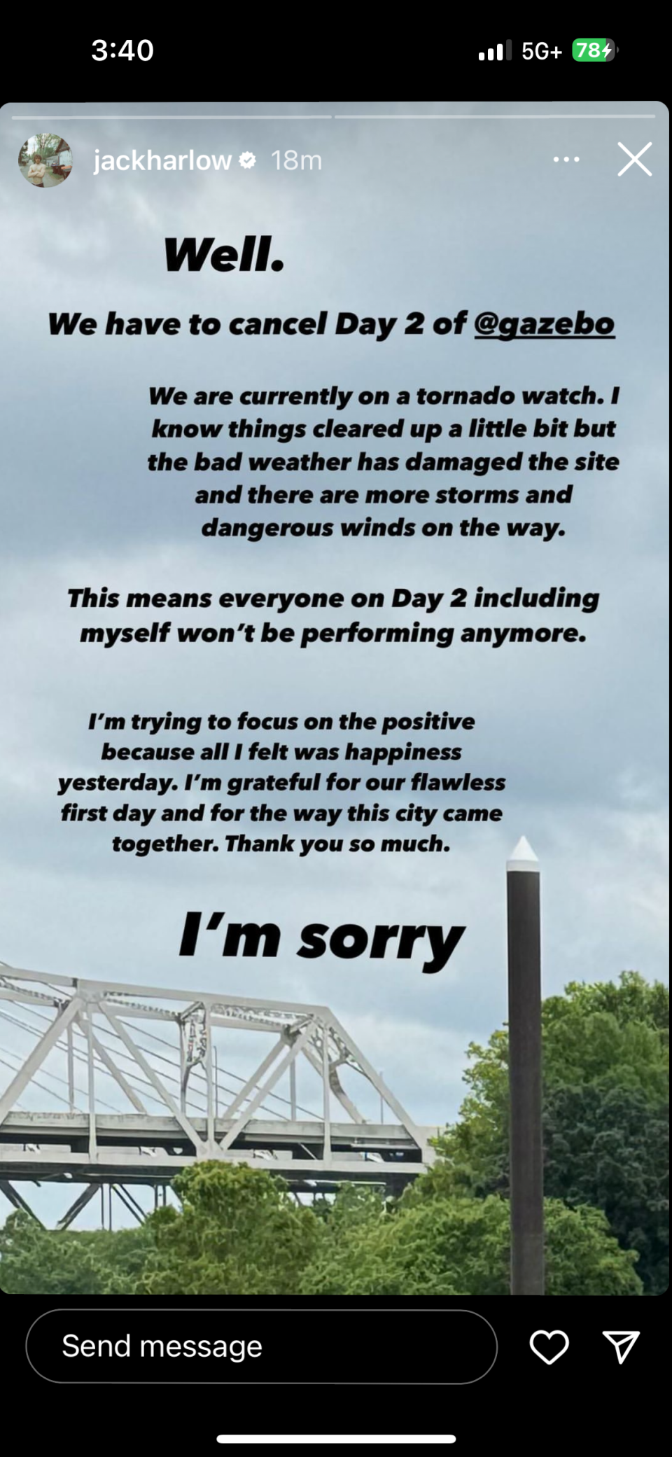 Jack Harlow's Gazebo Festival had to cancel Sunday performances due to severe weather conditions impacting the region.