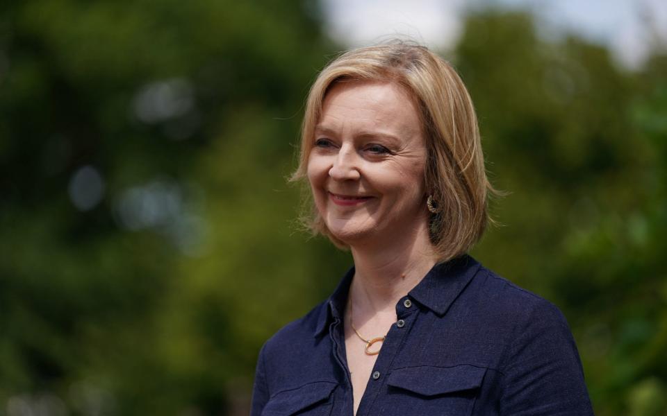 Liz Truss is pictured today campaigning in Dereham, Norfolk  - Joe Giddens/PA