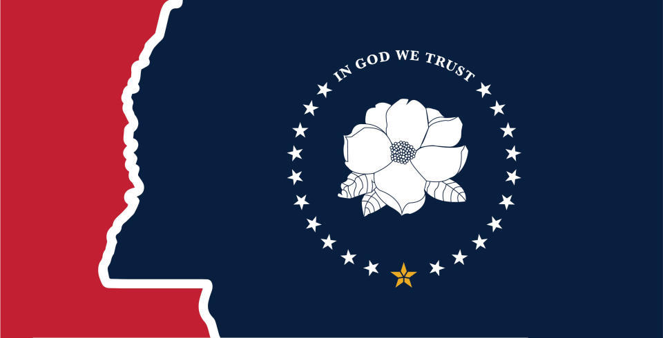 This image made available by the Mississippi Department of Archives and History on Tuesday, Aug. 18, 2020, shows one of the five designs chosen by the Mississippi State Flag Commission to replace the recently retired flag that included the Confederate battle emblem. The proposals will be made into flags and be flown Aug. 25 in Jackson Miss. (Mississippi Department of Archives and History, via AP)