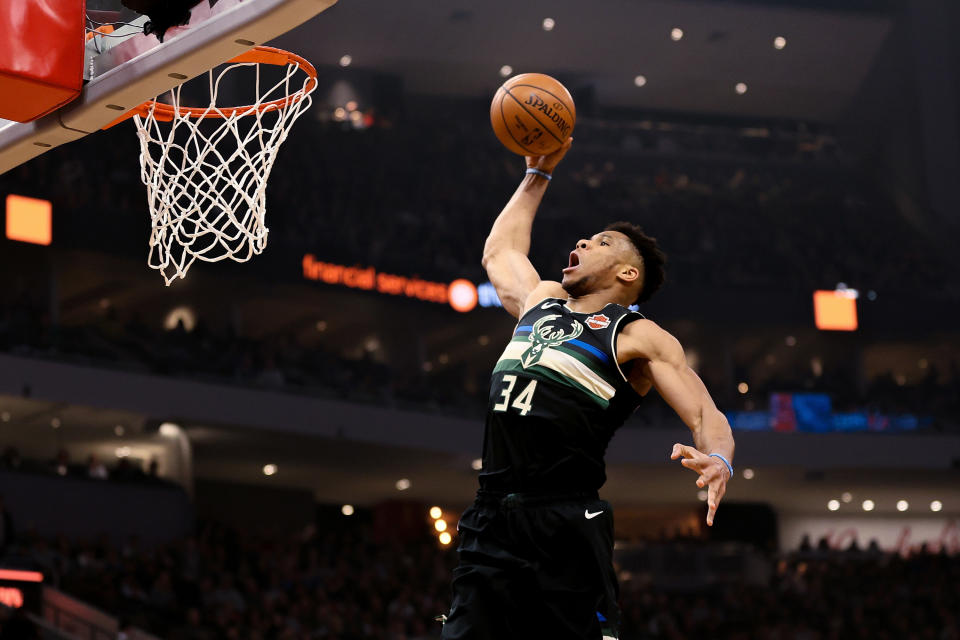 Giannis Antetokounmpo #34 of the Milwaukee Bucks dunks the ball in the first quarter against the Oklahoma City Thunder at the Fiserv Forum on February 28, 2020 in Milwaukee, Wisconsin. NOTE TO USER: User expressly acknowledges and agrees that, by downloading and or using this photograph, User is consenting to the terms and conditions of the Getty Images License Agreement. (Photo by Dylan Buell/Getty Images)