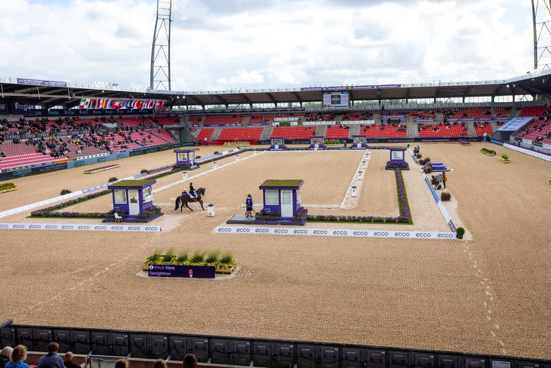 India's Shruti Vora enters the Stutteri Ask Arena with Denightron during Blue Hors FEI Dressage World Championship in Herning