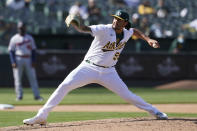 Oakland Athletics' Sean Manaea pitches against the Minnesota Twins during the fourth inning of the first baseball game of a doubleheader in Oakland, Calif., Tuesday, April 20, 2021. (AP Photo/Jeff Chiu)