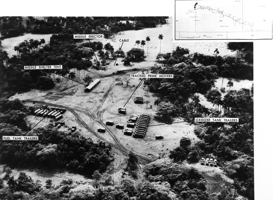 An aerial reconnaissance photograph showing a missile launch site in San Cristobal, Cuba, in October 1962. (Photo: Bettmann Archive via Getty Images)