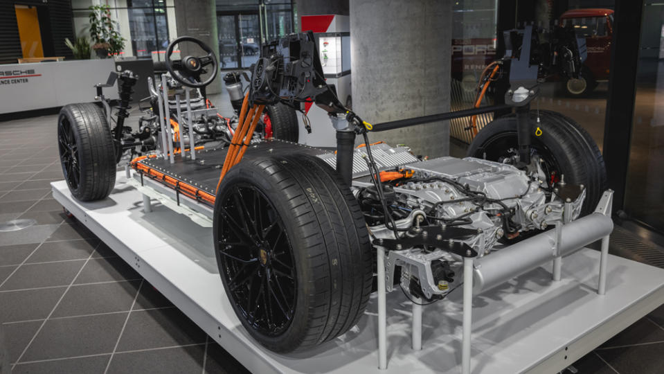 A rolling chassis of the Volkswagen Group's new PPE platform that the electric Porsche Macan is built on.