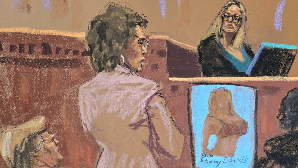 Defense attorney Susan Necheles cross-examines Stormy Daniels during the trial on Thursday, May 9. - ane Rosenberg