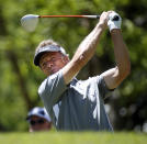 Bernhard Langer hits from the tee on the third hole during the final round of play in the Greater Gwinnett Championship golf tournament of the Champions Tour, Sunday, April 20, 2014, in Duluth, Ga. (AP Photo/John Bazemore)