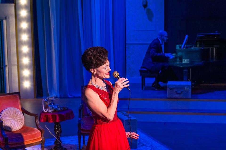 Jo Smith as Judy Garland with Jacob Miller as Anthony perform in the Amarillo Little Theatre production of "End of the Rainbow."