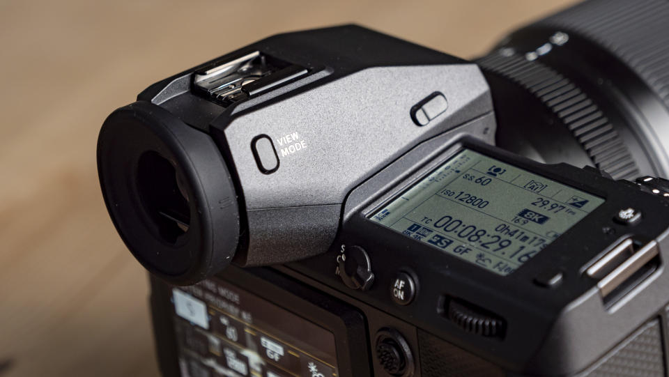 Closeup of the Fujifilm GFX100 II  removable viewfinder