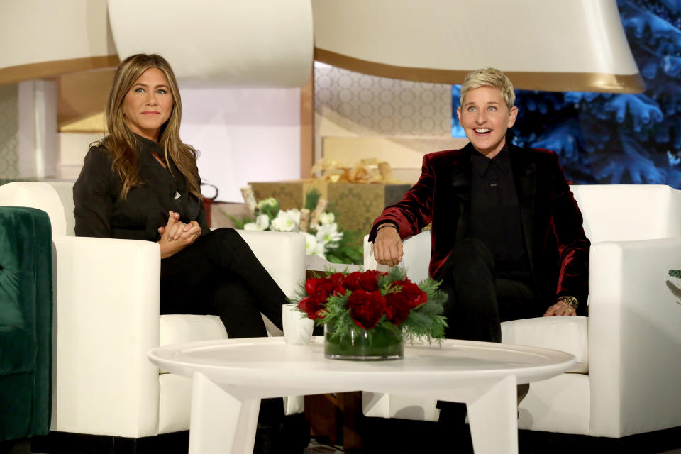 ELLEN'S GREATEST NIGHT OF GIVEAWAYS -- Pictured: (l-r) Jennifer Aniston, Ellen DeGeneres -- (Photo by: Mike Rozman/NBC/NBCU Photo Bank via Getty Images)