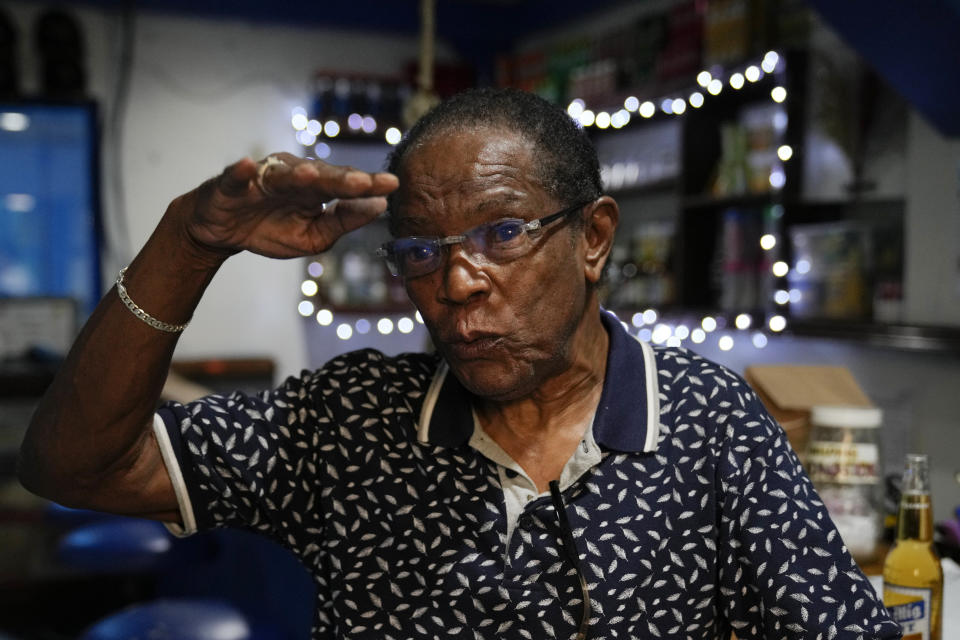 U.S. veteran Ray Slayton, post commander of the American Legion Post 4 gestures as he speaks to the Associated Press just outside what used to be America's largest overseas naval base at Olongapo city, Zambales province, northwest of Manila, Philippines on Monday Feb. 6, 2023. The U.S. has been rebuilding its military might in the Philippines after more than 30 years and reinforcing an arc of military alliances in Asia in a starkly different post-Cold War era when the perceived new regional threat is an increasingly belligerent China. (AP Photo/Aaron Favila)