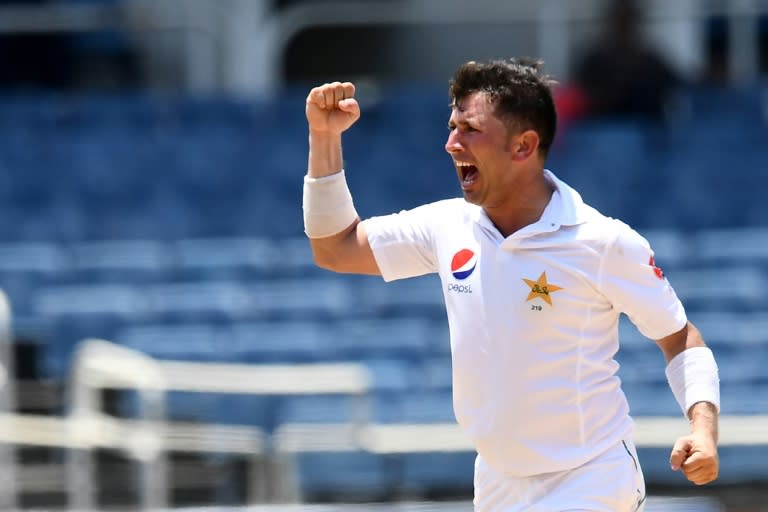 Pakistan's bowler Yasir Shah celebrates dismissing West Indies' Alzarri Joseph on April 25, 2017