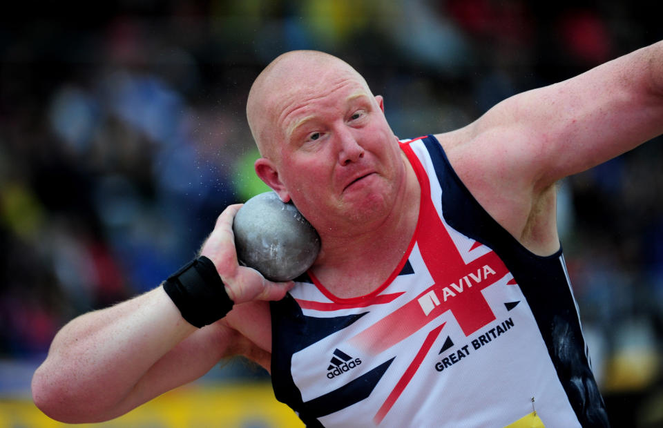 BIRMINGHAM, ENGLAND - JUNE 24: Greg Beard of Great Britain competes in the Men's Shot Put Final during day three of the Aviva 2012 UK Olympic Trials and Championship at Alexander Stadium on June 24, 2012 in Birmingham, England. (Photo by Stu Forster/Getty Images)