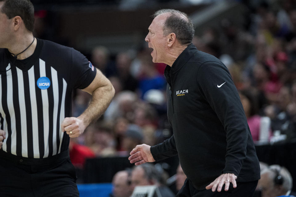 Long Beach State head coach Dan Monson calls out to his players during the first half of a first-round college basketball game against Arizona in the NCAA Tournament in Salt Lake City, Thursday, March 21, 2024. (AP Photo/Isaac Hale)