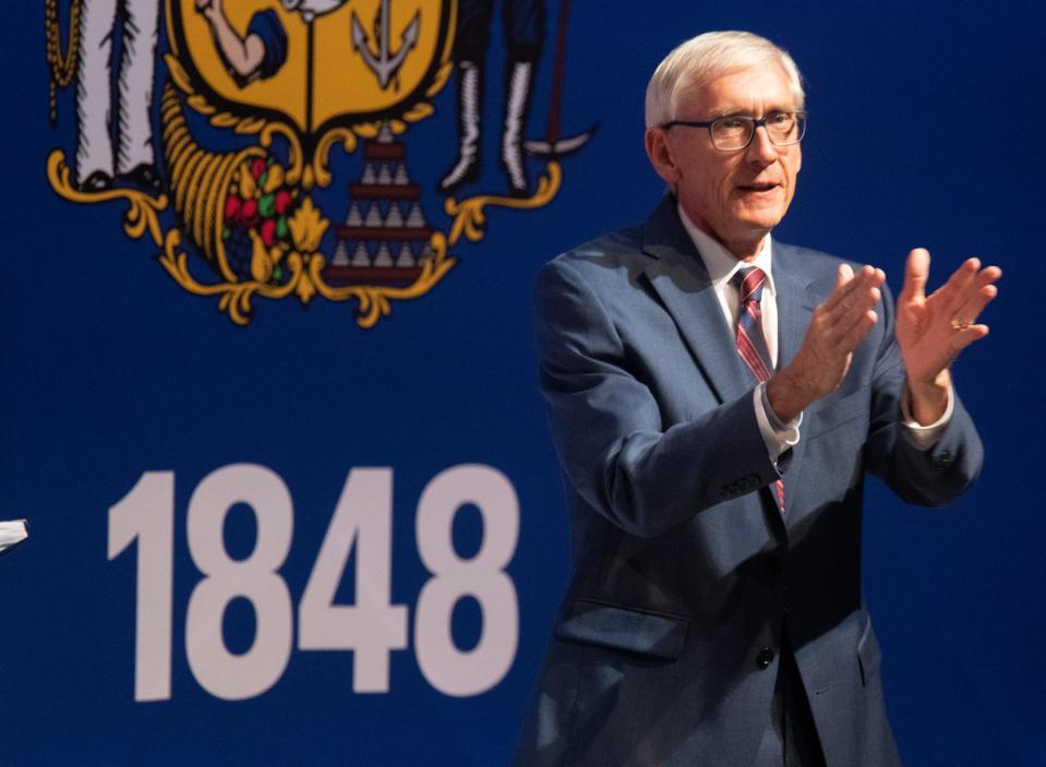 Gov. Tony Evers speaks at an election night gathering early Wednesday at The Orpheum Theater in Madison after he defeated Republican Tim Michels to win a second term.