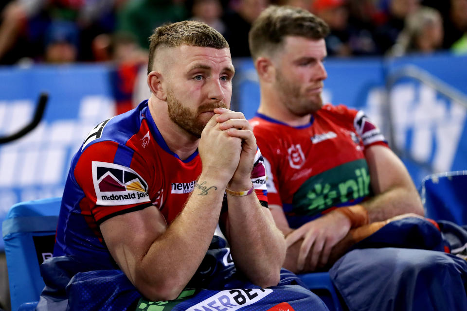 NEWCASTLE, AUSTRALIA - SEPTEMBER 10: Jackson Hastings of the Knights looks on from the benchduring the NRL Elimination Final match between Newcastle Knights and Canberra Raiders at McDonald Jones Stadium on September 10, 2023 in Newcastle, Australia. (Photo by Brendon Thorne/Getty Images)