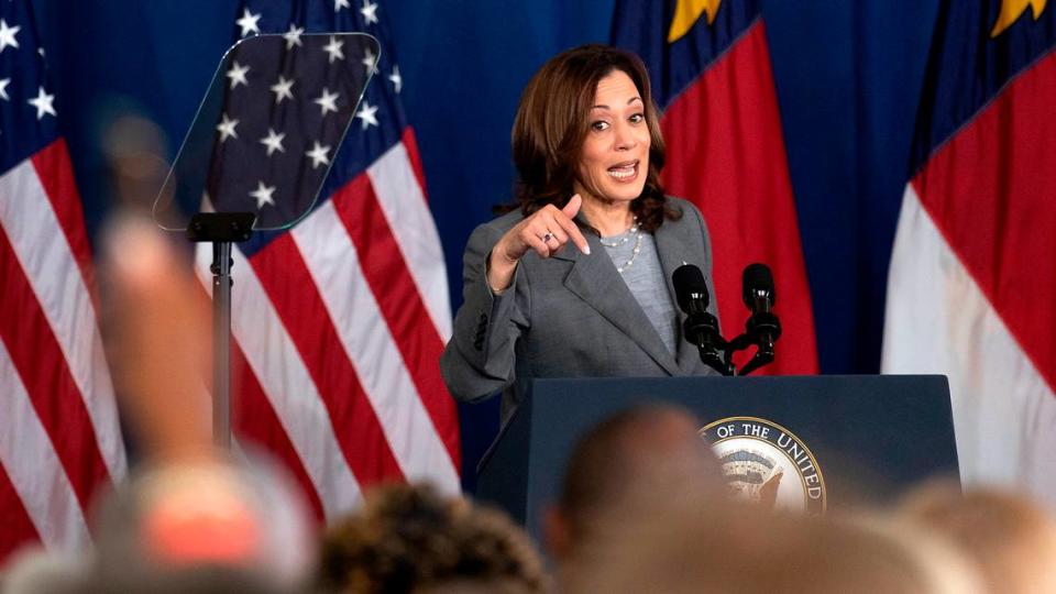 Vice President Kamala Harris speaks during a campaign event at James B. Dudley High School on Thursday, July 11, 2024, in Greensboro, N.C.