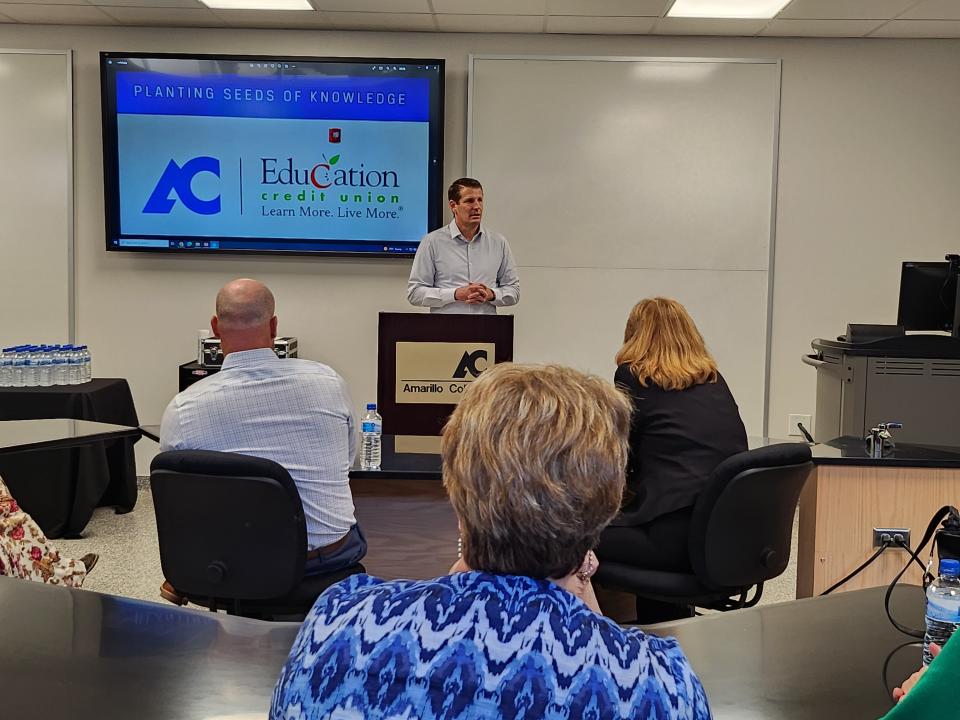 ECU CEO/President and ECU Foundation Board President Marcus Smith announces their $500,000 STEM scholarship endowment to Amarillo College (AC) at a check presentation Tuesday afternoon in newly named ECU Foundation STEM Lab in the AC STEM Research Center.