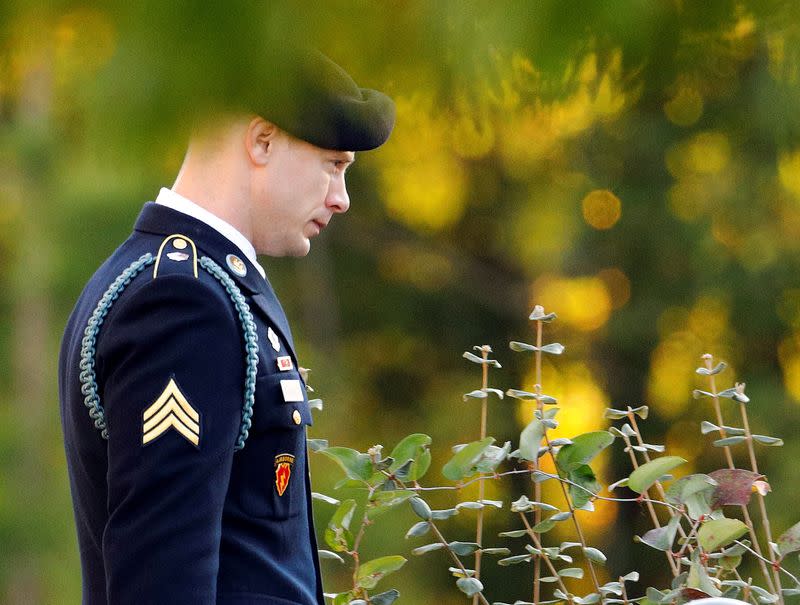 FILE PHOTO: U.S. Army Sergeant Bowe Bergdahl walks out of the courthouse after the judge said he would continue deliberating on his sentence during Bergdahl's court martial at Fort Bragg, North Carolina