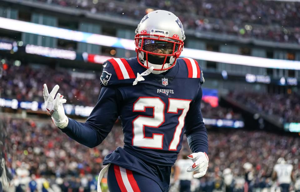 New England Patriots cornerback J.C. Jackson reacts after intercepting a pass in the Tennessee Titans end zone in the second half at Gillette Stadium on Nov. 28, 2021.