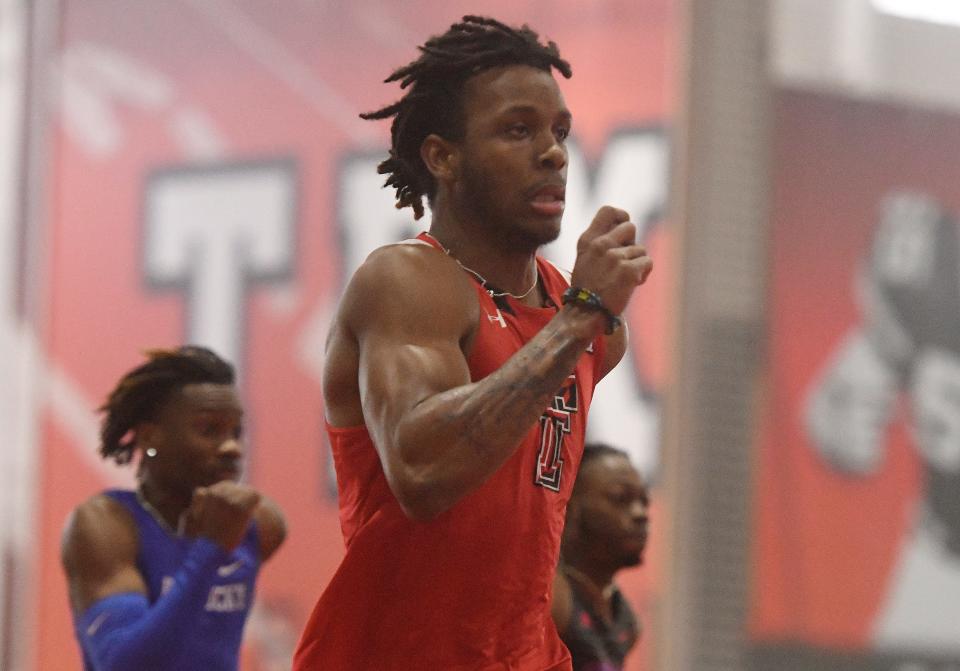 Texas Tech sprinter Terrence Jones, shown in a meet last month, won the 60 meters Friday night at the Jarvis Scott Open in 6.47 seconds, the third-fastest time in the world this season. Jones tied the NCAA record two years ago by running 6.45 and won the NCAA title last year in 6.46.