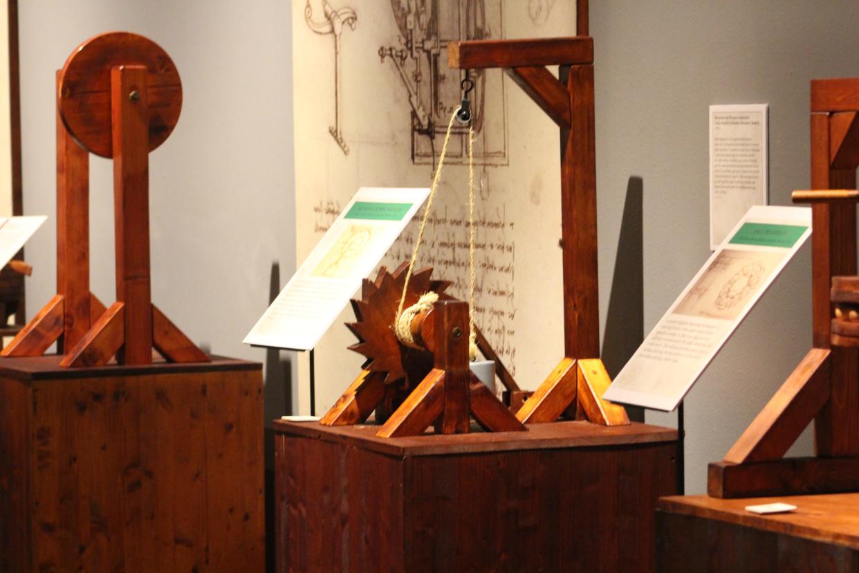An auto-lock mechanism designed by Leonardo Da Vinci is one of many pieces of machinery featured in the Da Vinci Machines & Robotics exhibit at the Sangre de Cristo Arts and Conference Center.
