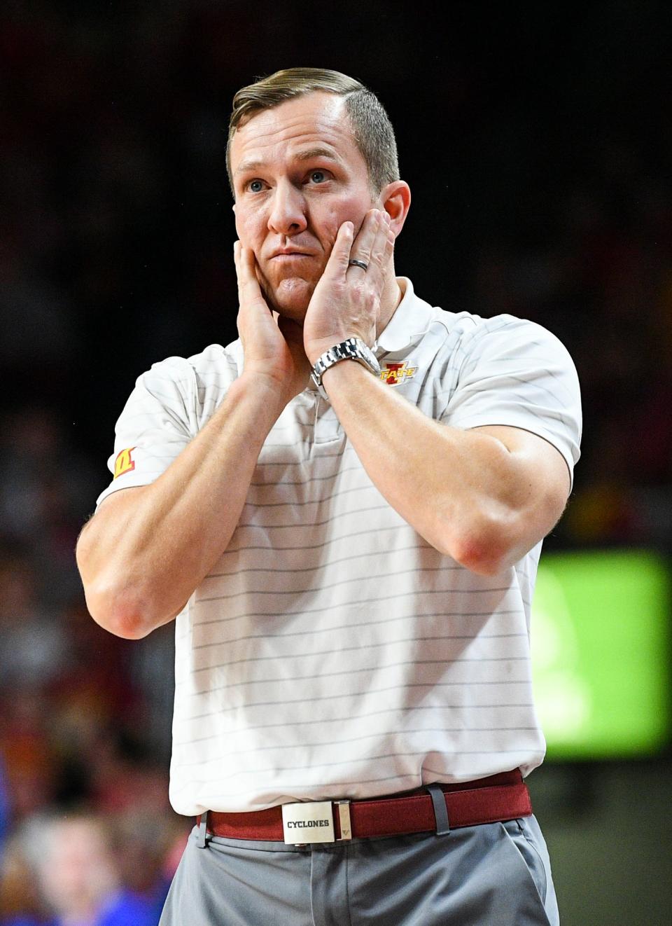 Iowa State's head coach T. J. Otzelberger reacts during the Cyclones game against Kansas at the Hilton Coliseum Tuesday, Feb. 1, 2022, in Ames.