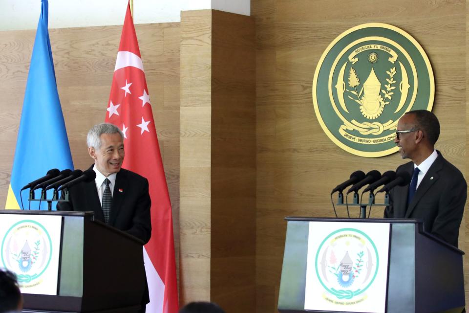 Prime Minister Lee Hsien Loong with Rwanda President Paul Kagame at the joint press conference at Urugwiro Village on 27 June 2022. (PHOTO: Facebook/Lee Hsien Loong)