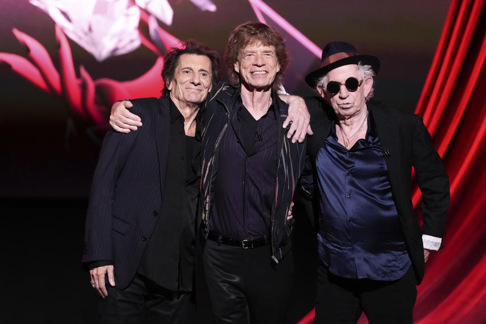 Ronnie Wood, from left, Mick Jagger, and Keith Richards pose for photographers at the press conference for the launch of the new Rolling Stones album 'Hackney Diamonds' on Wednesday, Sept. 6, 2023 in London. (Scott Garfitt/Invision/AP)