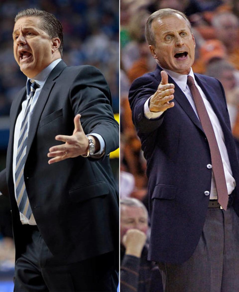 Kentucky coach John Calipari, left and Tennessee’s Rick Barnes, will each bring their teams into Saturday night’s showdown between the No. 10 Wildcats and No. 5 Volunteers off of unexpected home-court losses.