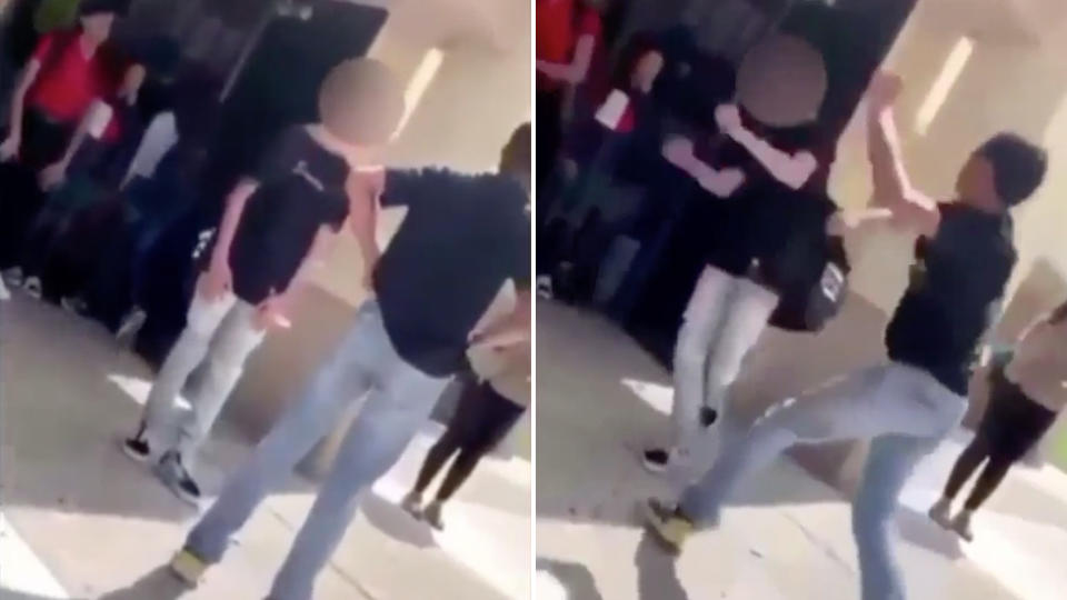 Riverside County Sheriff’s Department confirmed the 13-year-old died as a result of the alleged assault. Pictured are two stills from the footage showing a confrontation involving students.