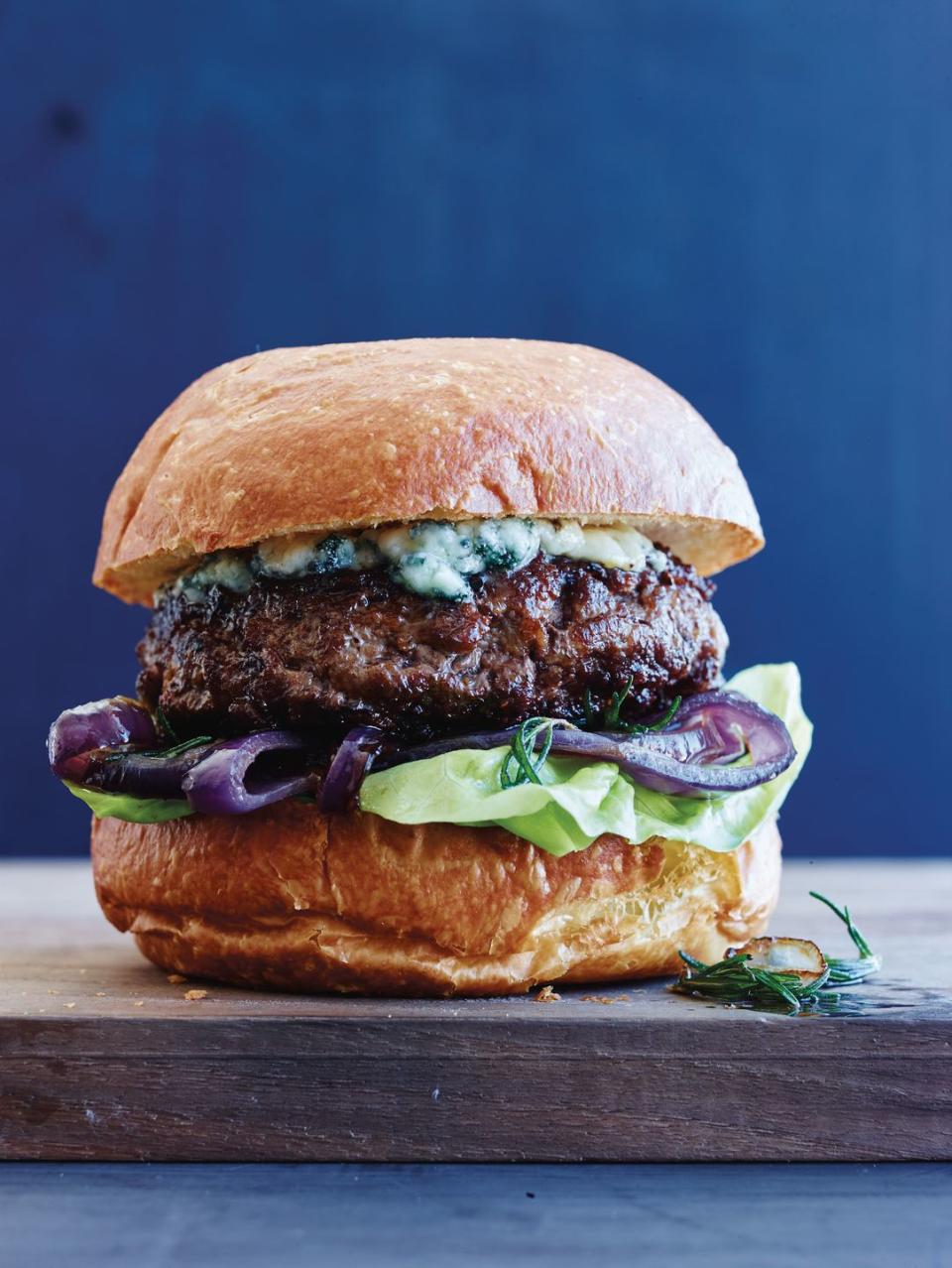 Blue Cheese Burgers with Caramelized Onions and Crispy Rosemary