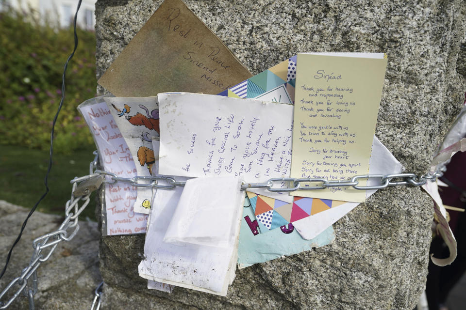 Messages left outside the former home of Sinead O'Connor ahead of the late singer's funeral, in Bray, Co Wicklow, Ireland, Tuesday, Aug. 8, 2023. O’Connor’s family has invited the public to line the waterfront in Bray on Tuesday as her funeral procession passes by. Fans left handwritten notes outside her former home, thanking her for sharing her voice and her music. (Niall Carson/PA via AP)