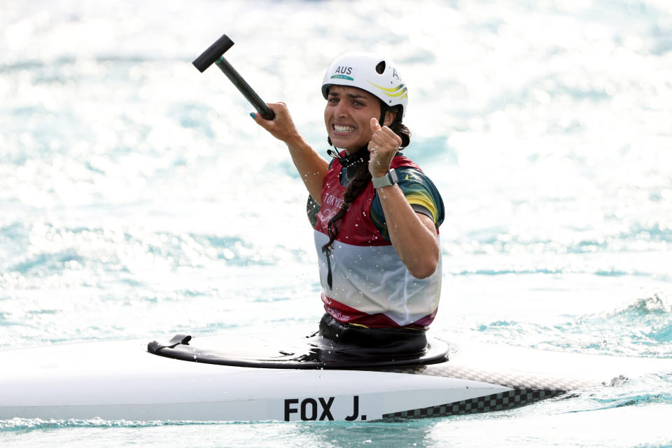 Jessica Fox (pictured) celebrates after winning the Women's Canoe Slalom final at the Tokyo Olympics.