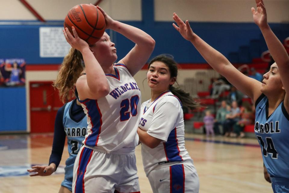 Gregory-Portland’s Madison Kilgore shoots during the District 29-5A crossover playoff game on Tuesday, Feb. 6, 2024, in Portland, Texas.
