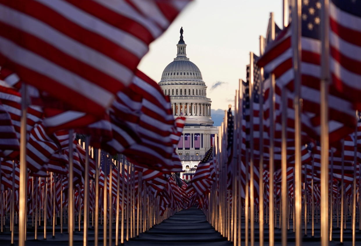 The "Field of flags" is seen on the National Mall in front of the U.S. Capitol building ahead of inauguration ceremonies for President-elect Joe Biden. (Allison Shelley/Reuters)