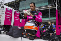 Helio Castroneves of Brazil prepares to drive during practice for the Indianapolis 500 auto race at Indianapolis Motor Speedway in Indianapolis, Tuesday, May 18, 2021. (AP Photo/Michael Conroy)