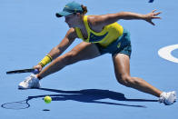 Ashleigh Barty, of Australia, plays against Sara Sorribes Tormo, of Spain, during the first round of the tennis competition at the 2020 Summer Olympics, Sunday, July 25, 2021, in Tokyo, Japan. (AP Photo/Seth Wenig)