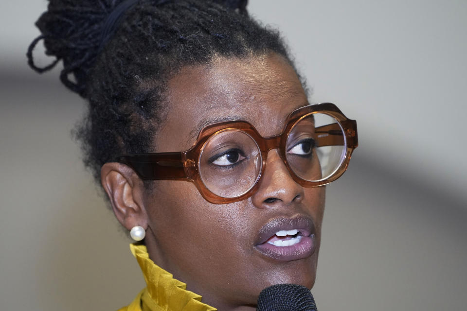 Cassandra Welchlin, co-convener and state lead of the Mississippi Black Women's Roundtable, speaks at a news conference in Jackson, Monday, March 14, 2022, to promote a proposal to let mothers keep Medicaid coverage for a year after giving birth. Advocates for low-income women say longer coverage by the government health insurance program could reduce Mississippi's high rate of maternal mortality. (AP Photo/Rogelio V. Solis)