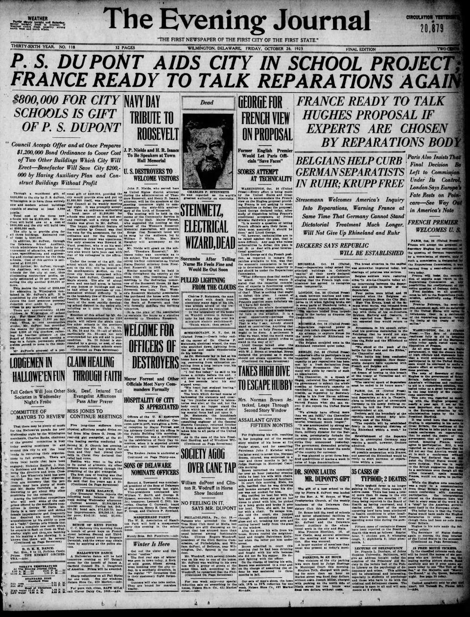 The front page of The Evening Journal from Oct. 26, 1923.