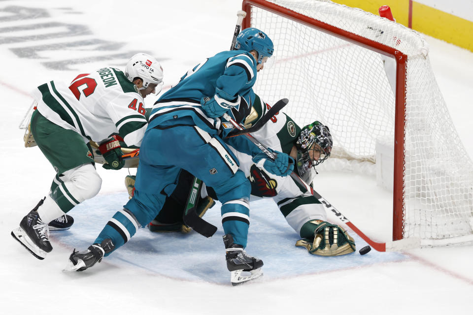 San Jose Sharks center Tomas Hertl (48) scores a goal against Minnesota Wild goaltender Marc-Andre Fleury (29) during the third period of an NHL hockey game in San Jose, Calif., Saturday, March 11, 2023. (AP Photo/Josie Lepe)
