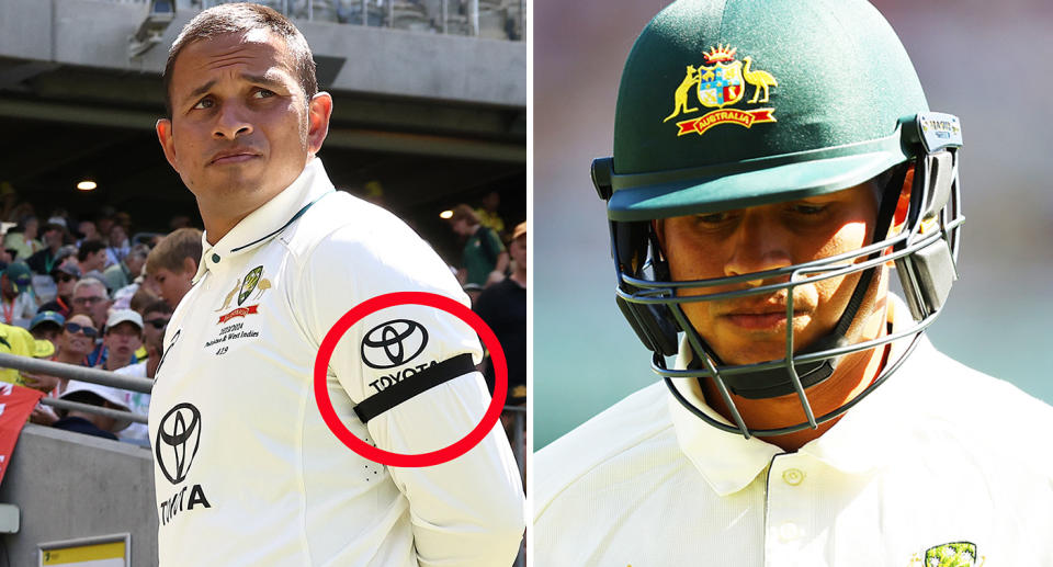 Usman Khawaja has been reprimanded by the International Cricket Council (ICC) for wearing a black armband during Australia's first Test victory over Pakistan. Image: Getty