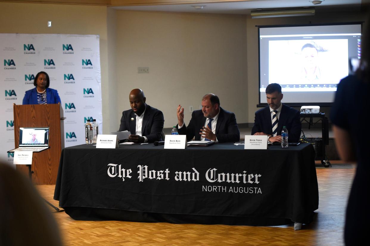 (From left): North Augusta city council candidates Eric Presnell, Richard Adams, David Buck, and Kevin Toole during the North Augusta City Council candidate forum at the North Augusta Community Center on Thursday.